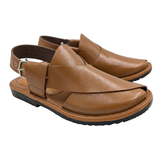Pair of brown leather shoes with a strap on a white background