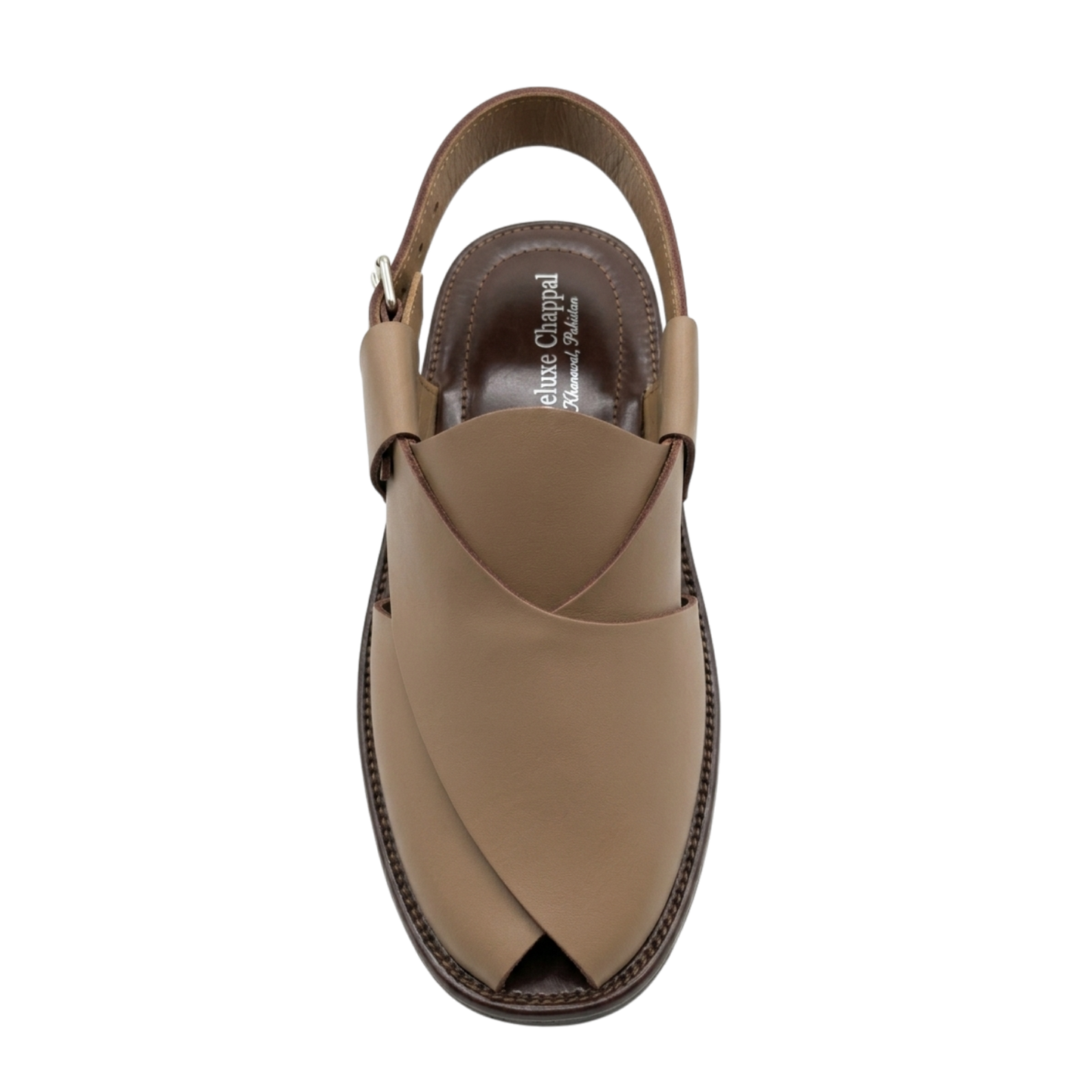 Brown sandal with a slingback design on a white background
