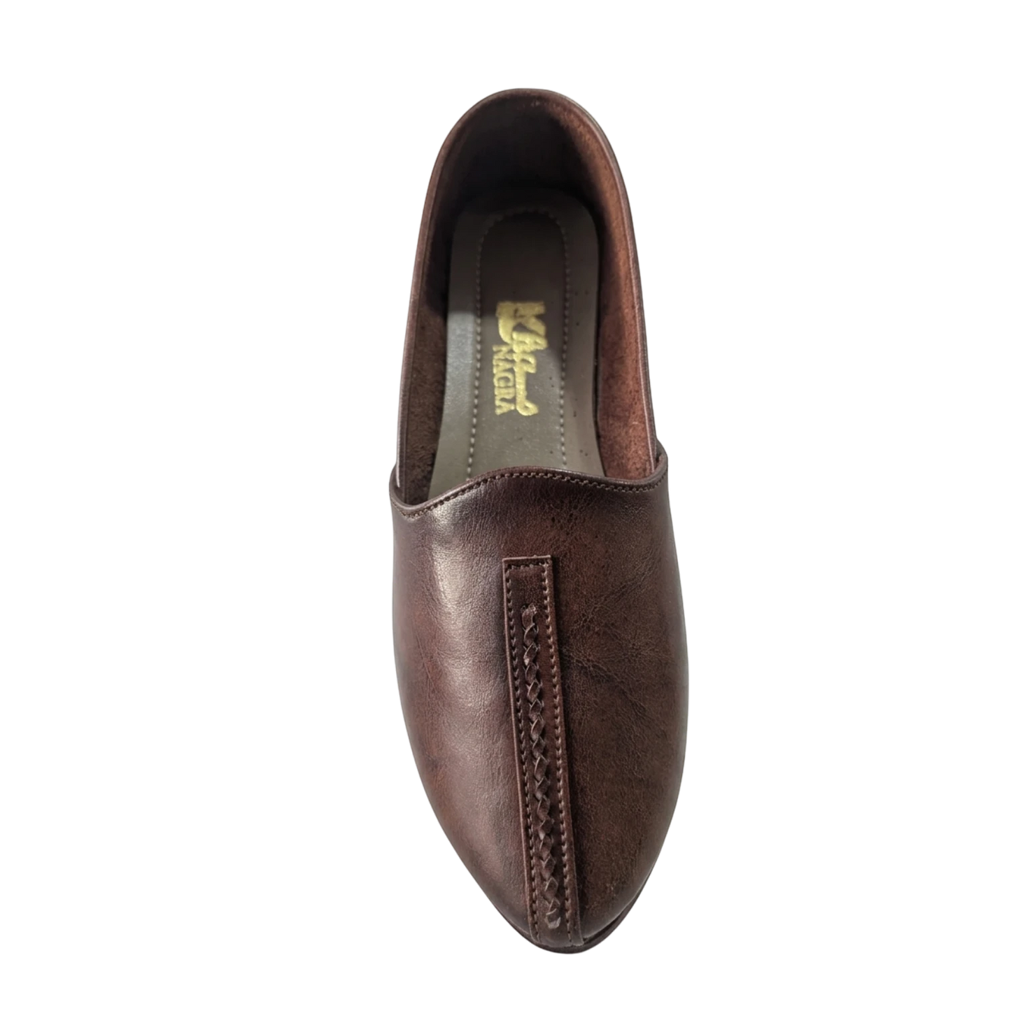 Virsa Footwear cognac brown full-grain leather Nagra pump with hand-stitched woven braid detail on the vamp.