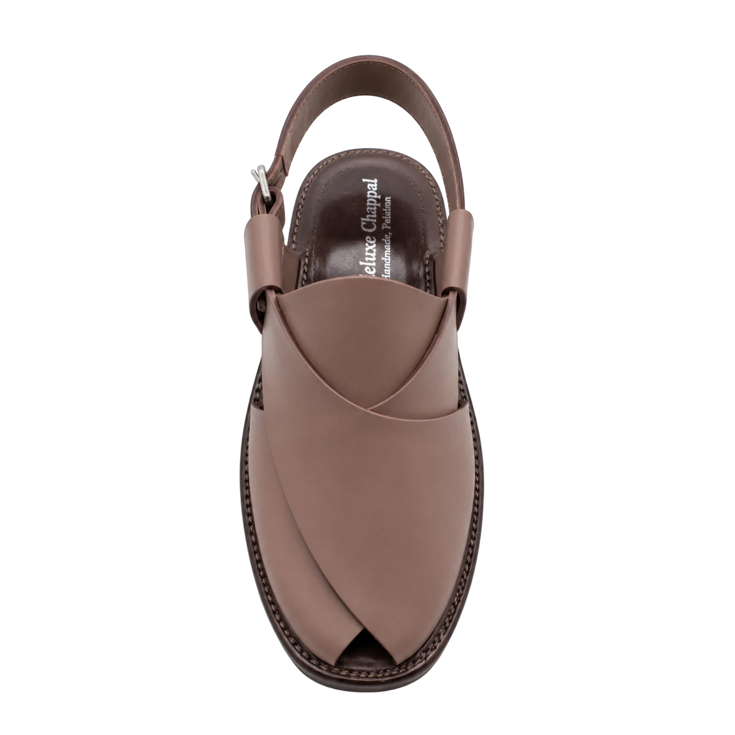 Virsa Footwear handmade rose brown full-grain leather Peshawari chappal with adjustable buckle strap.