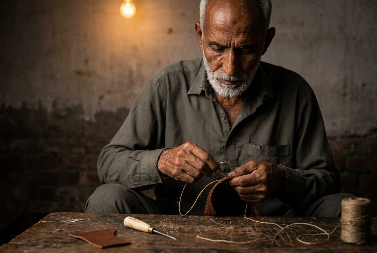Man working with string or thread in a dimly lit room