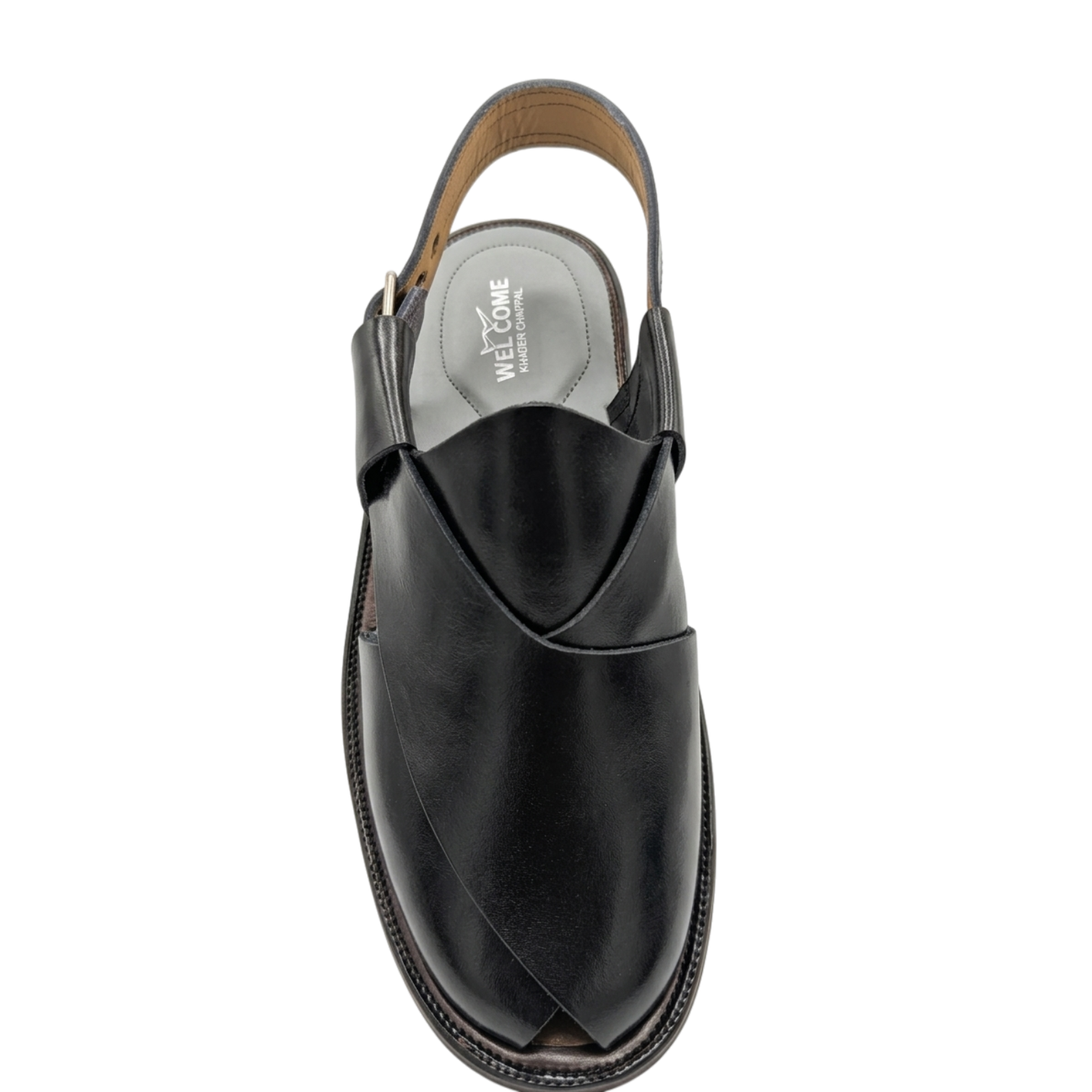 Black sandal with a white sole on a white background