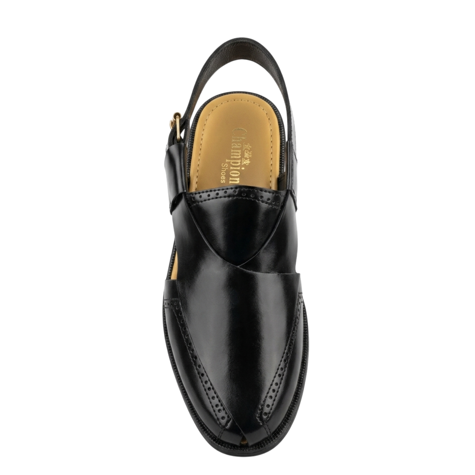 Black leather sandal with a strap on a white background