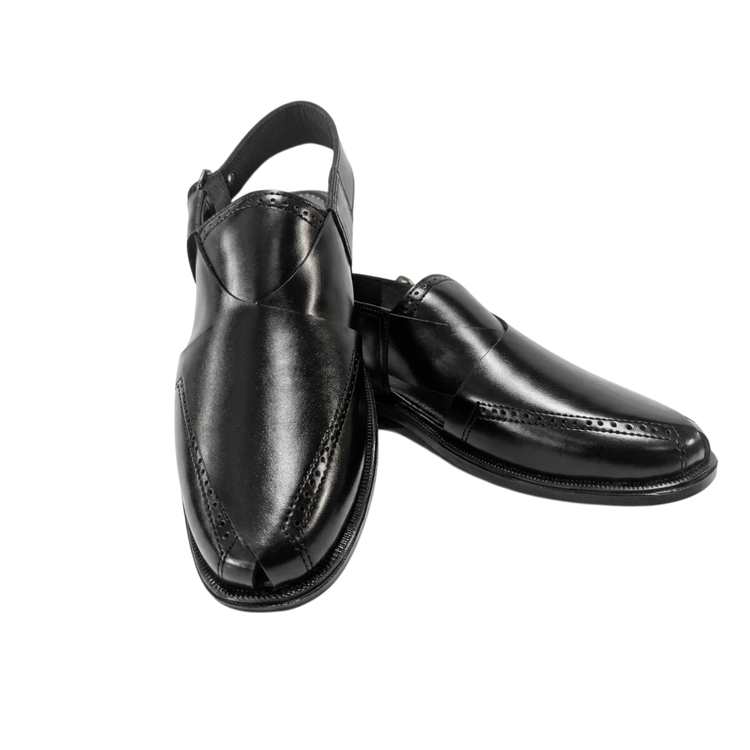 Pair of black dress shoes on a white background