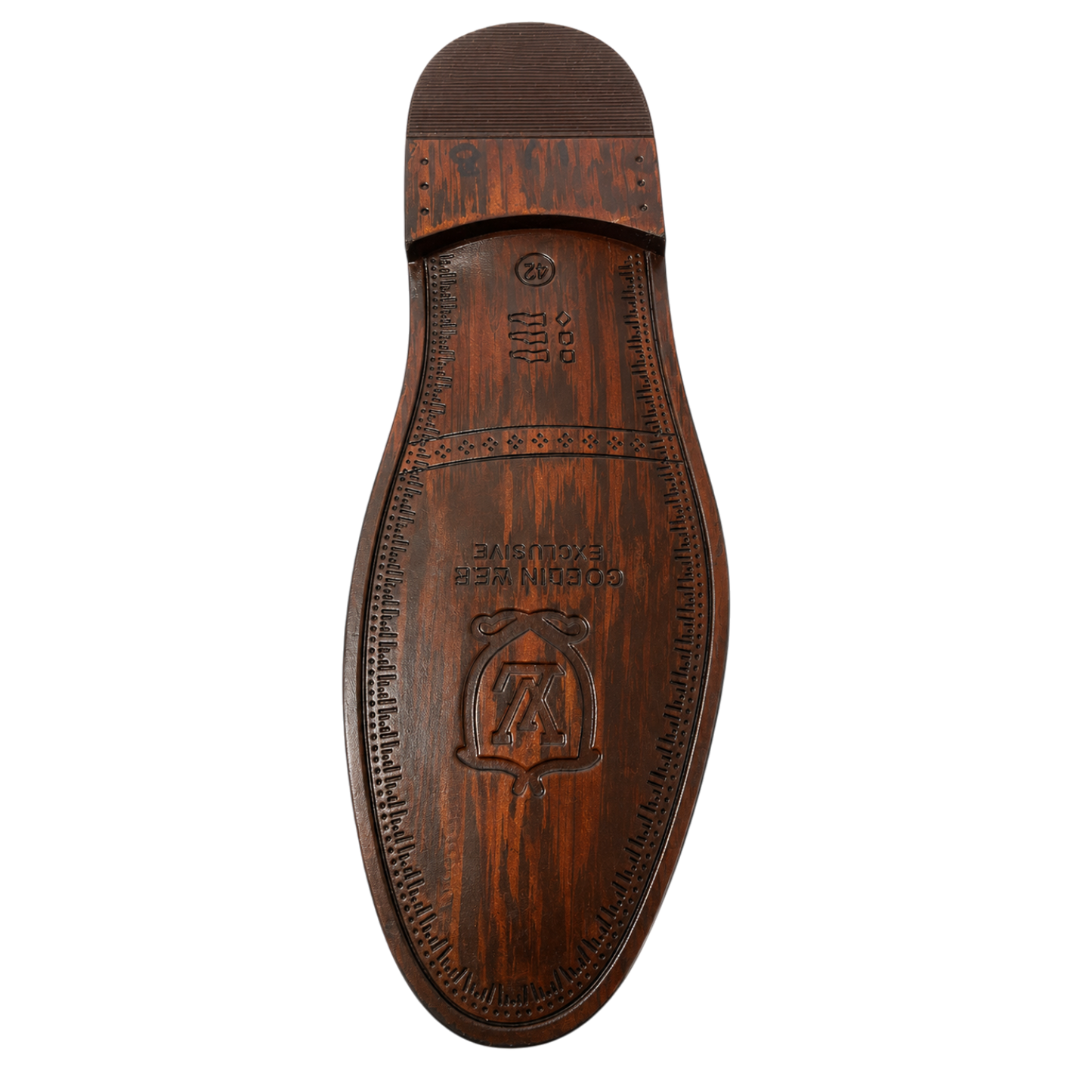 Leather shoe outsole with branding on a white background