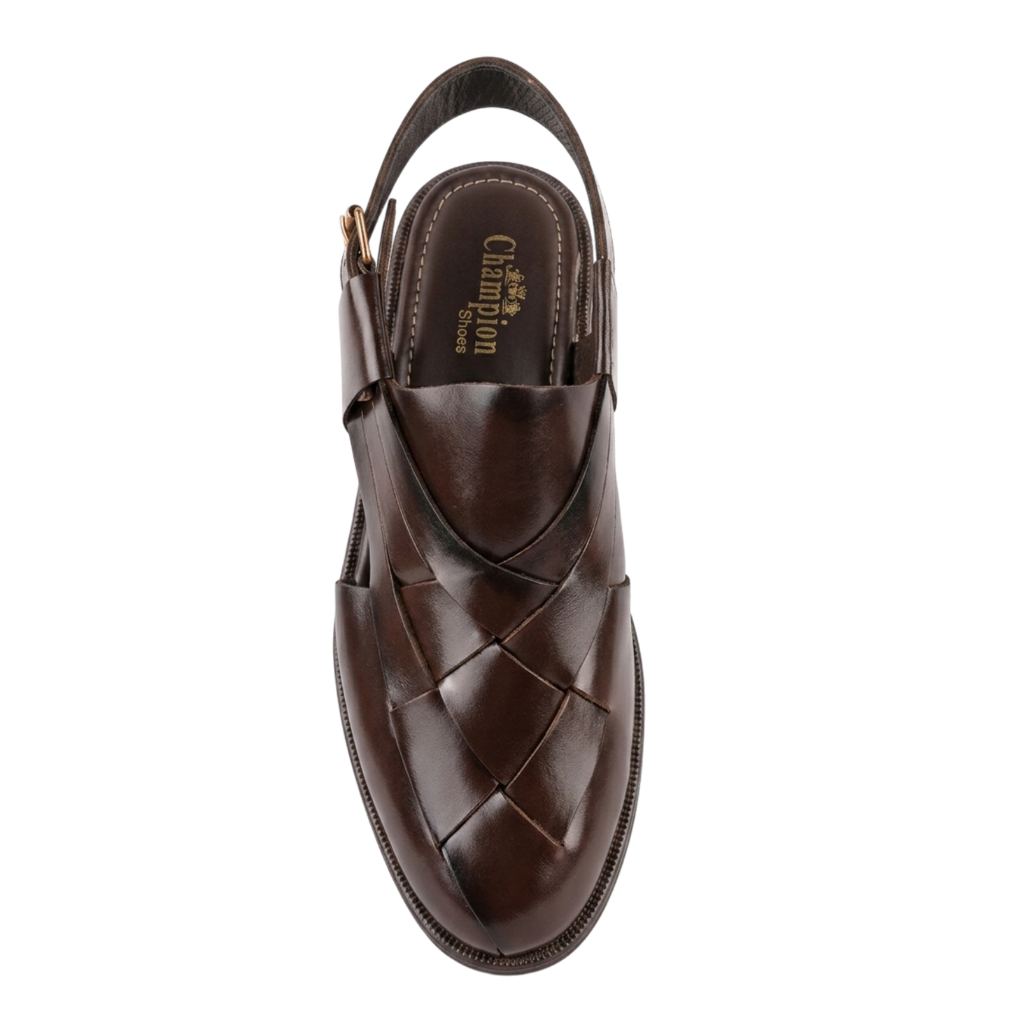Brown sandal with woven pattern on a white background