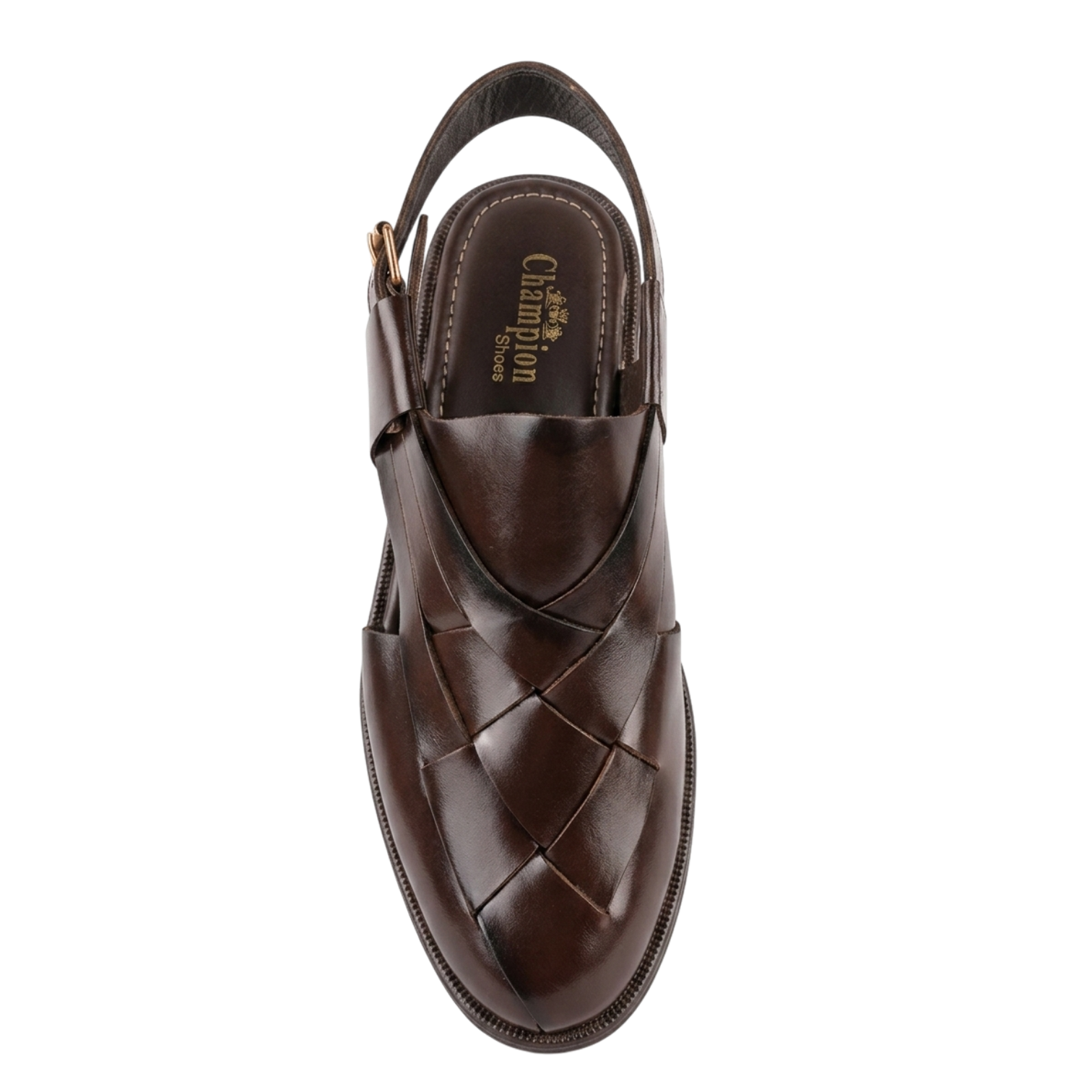 Brown sandal with woven pattern on a white background