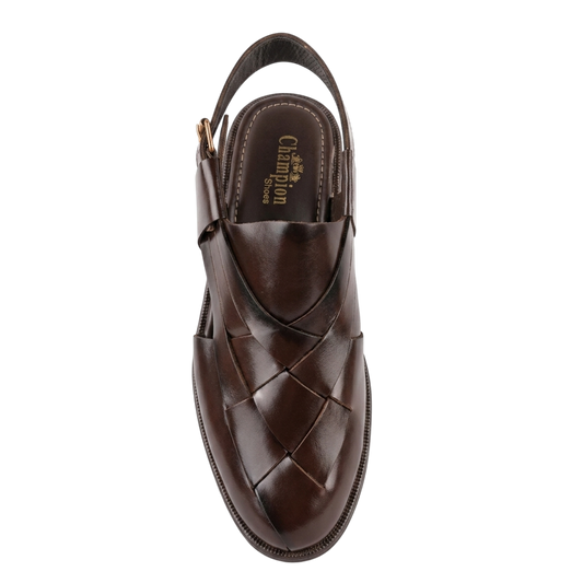 Brown sandal with woven pattern on a white background