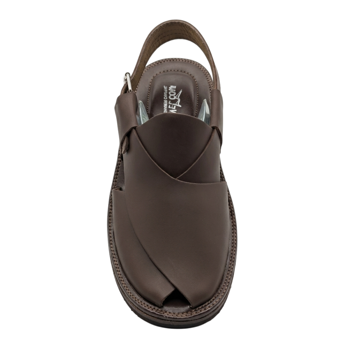 Brown sandal with a unique design on a white background