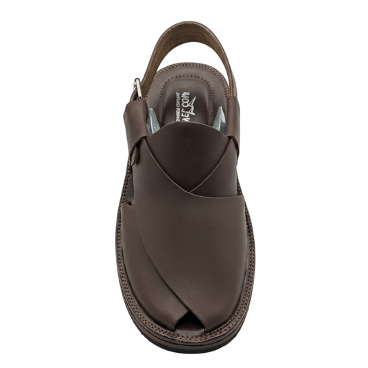 Brown sandal with a unique design on a white background