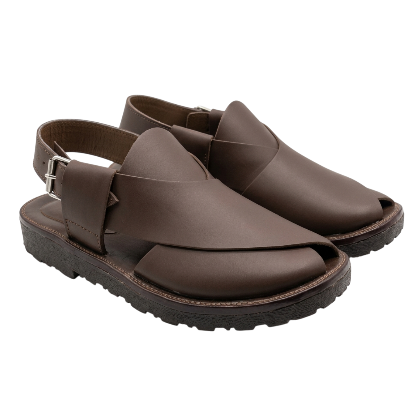Pair of brown leather sandals on a white background
