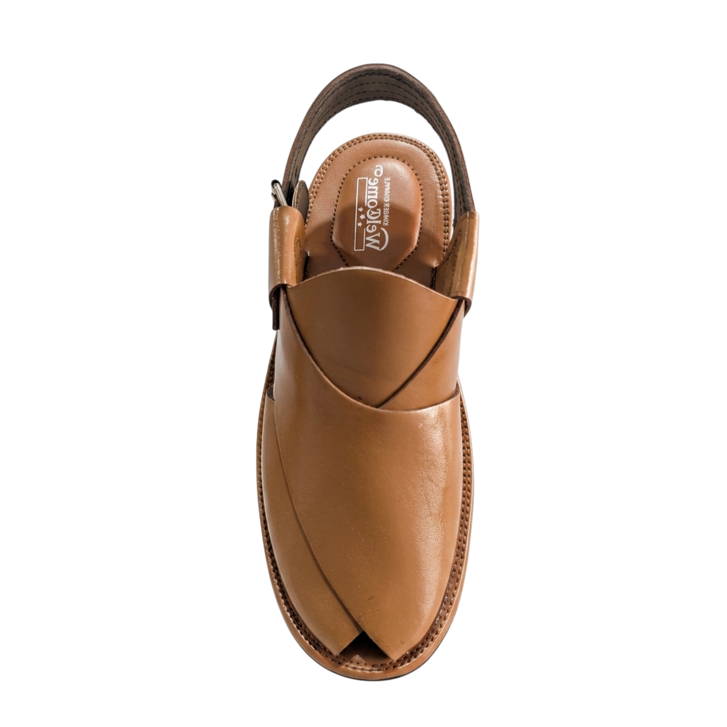 Tan sandal with a brown strap on a white background