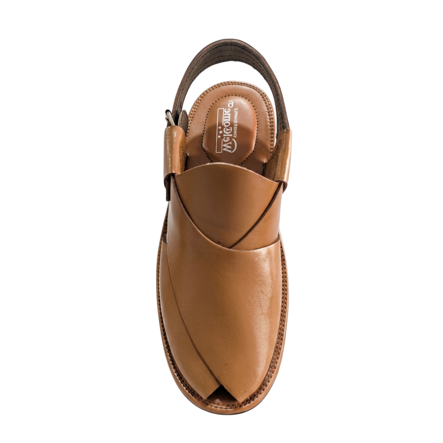 Tan sandal with a brown strap on a white background