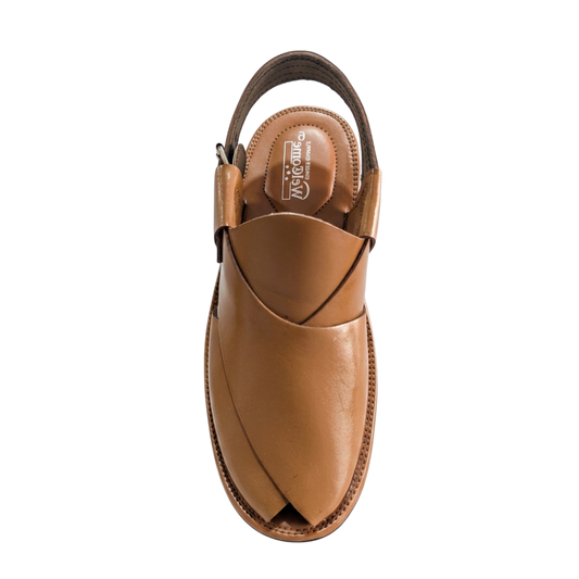 Tan sandal with a brown strap on a white background