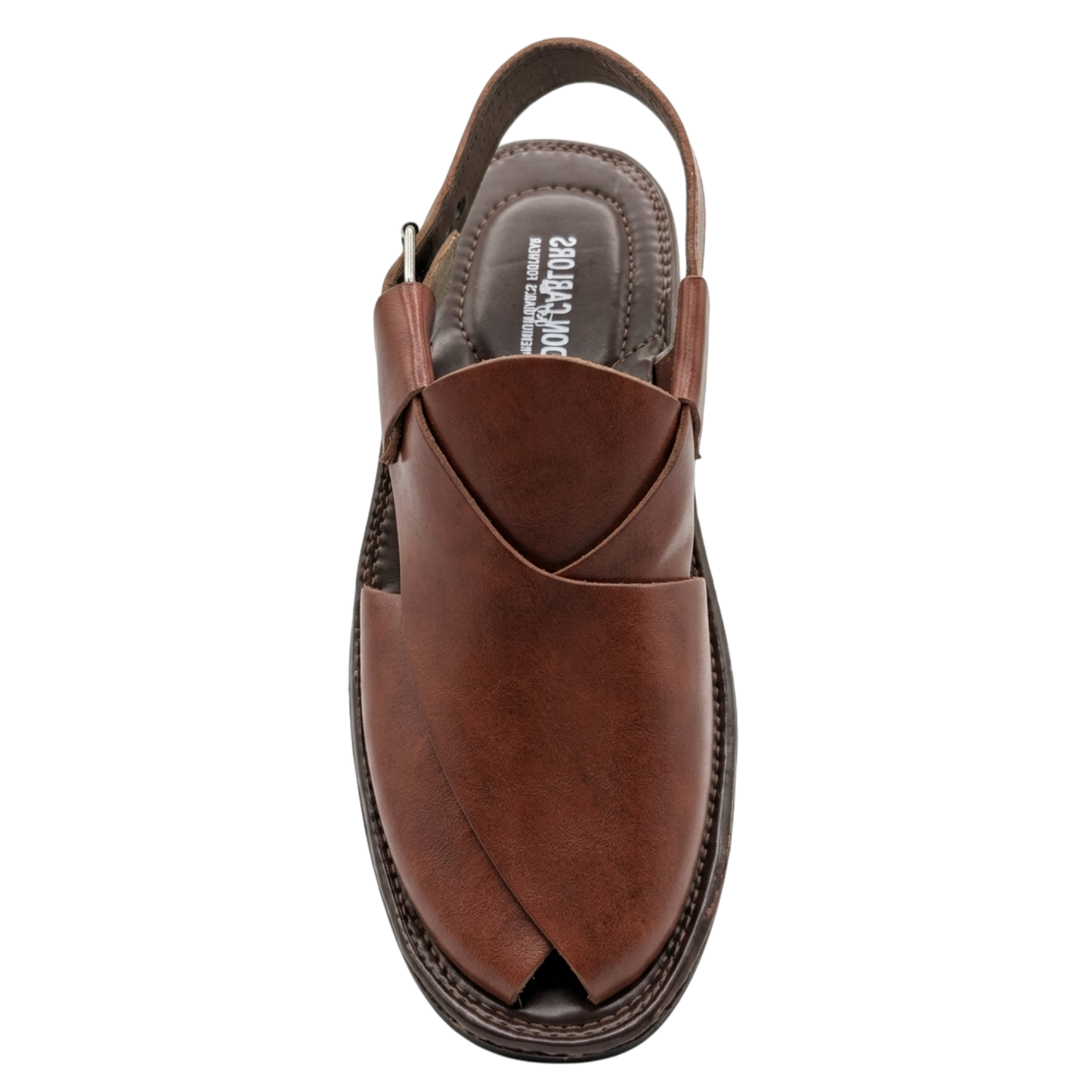 Brown sandal with open toe design on a white background