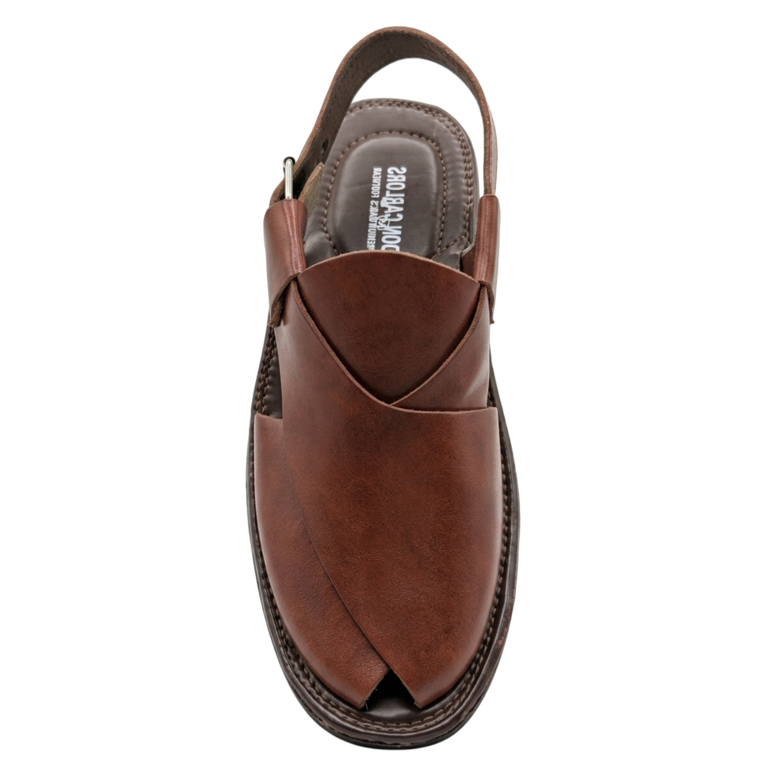Brown sandal with open toe design on a white background