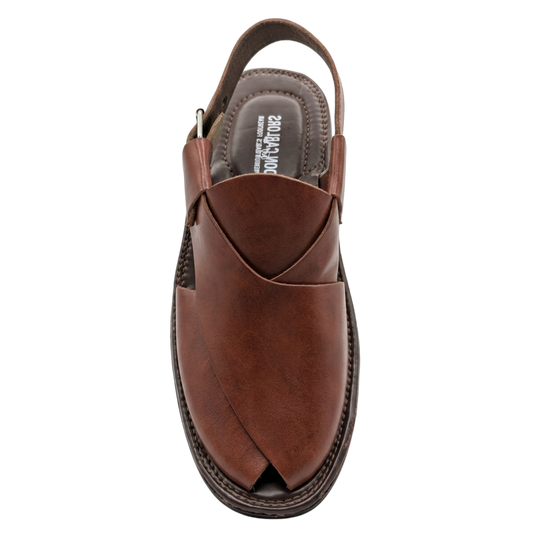 Brown sandal with open toe design on a white background