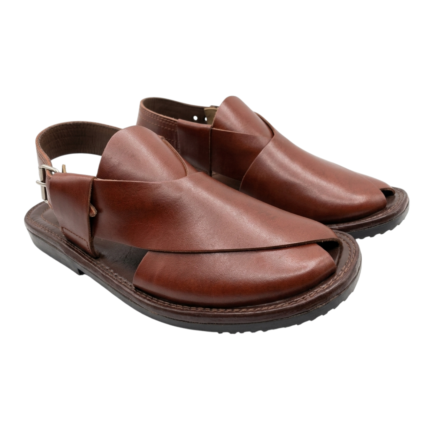 Pair of brown leather sandals on a white background