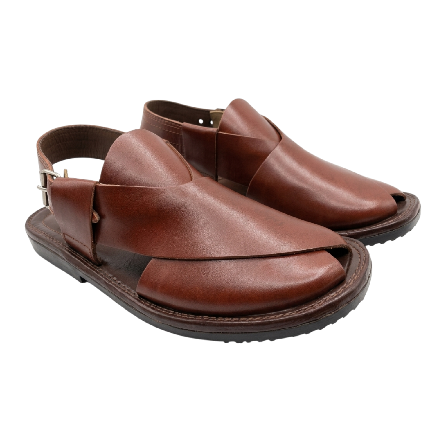 Pair of brown leather sandals on a white background