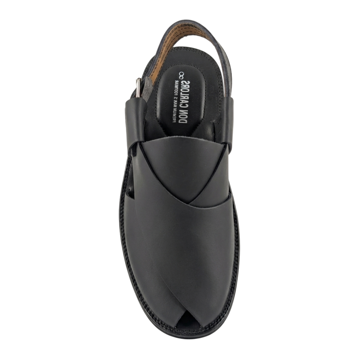 Black sandal with a unique design on a white background