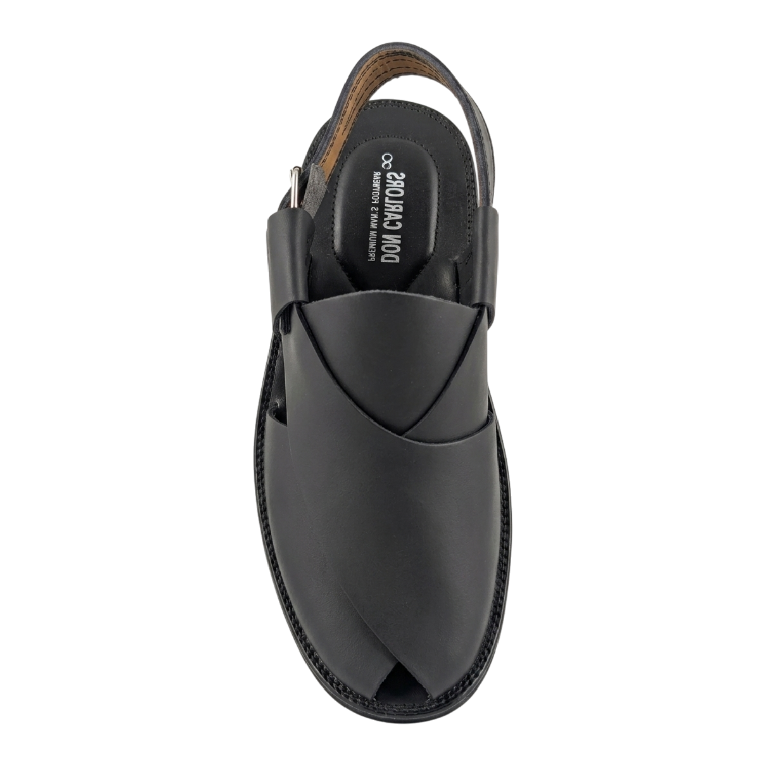 Black sandal with a unique design on a white background