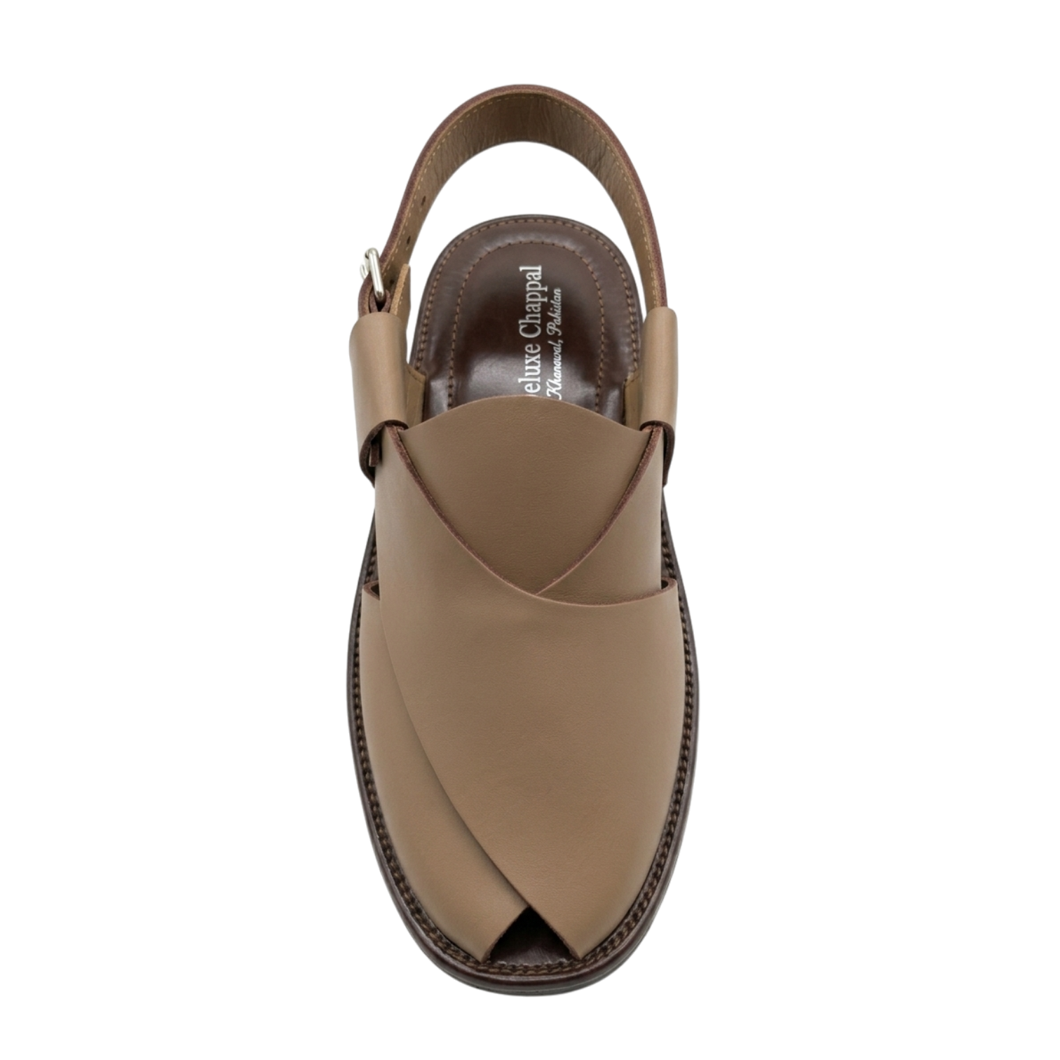 Brown sandal with a slingback design on a white background