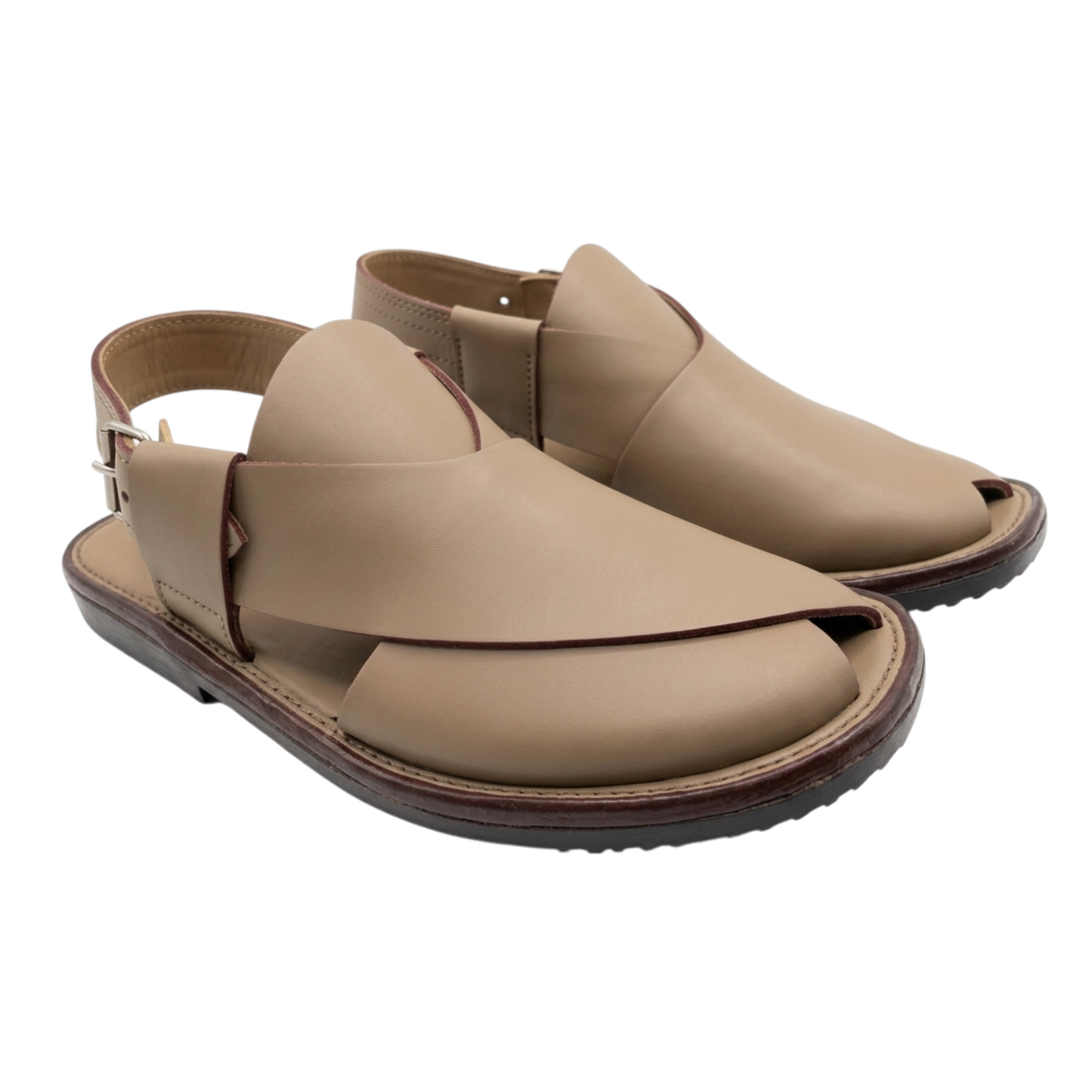Pair of beige sandals on a white background