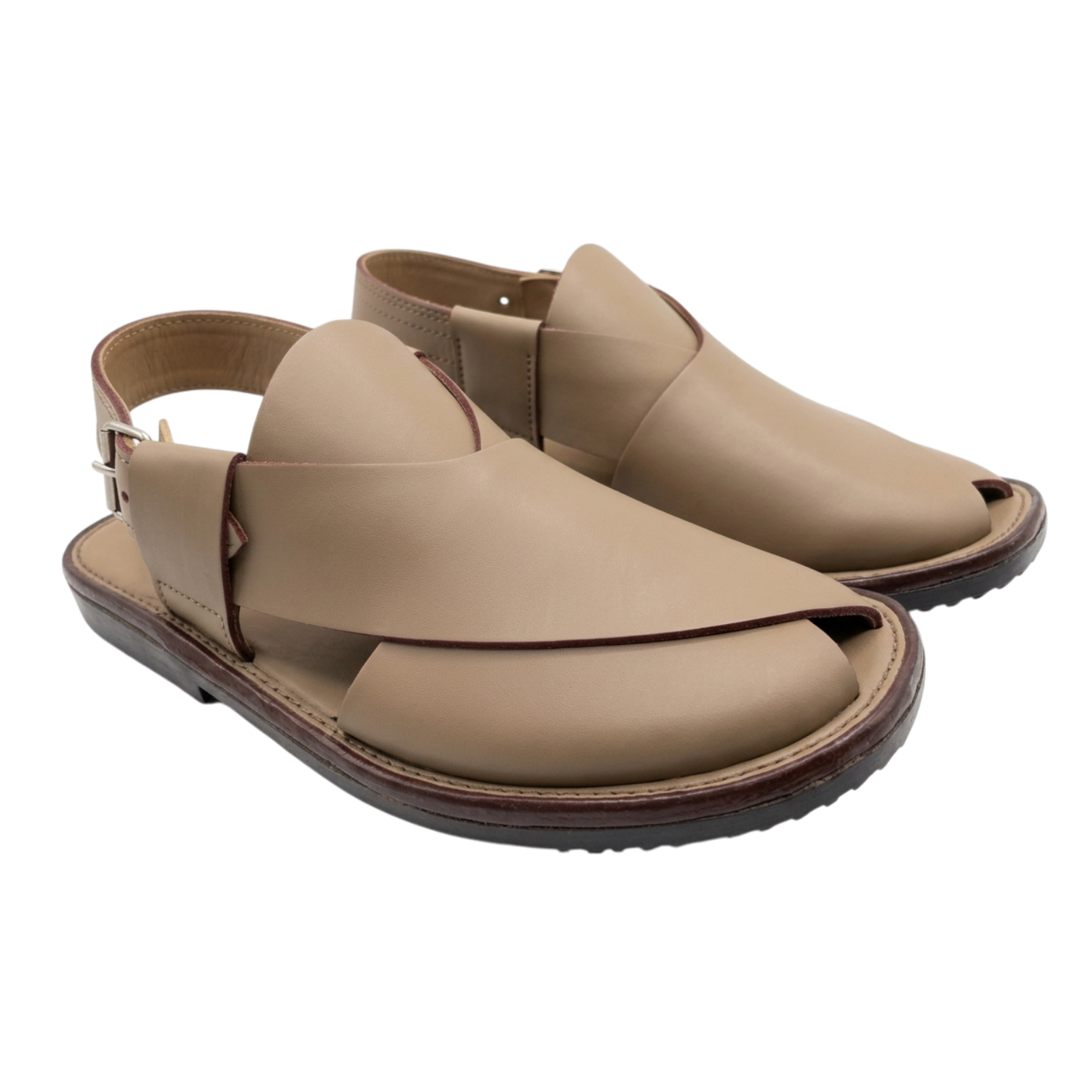 Pair of beige sandals on a white background