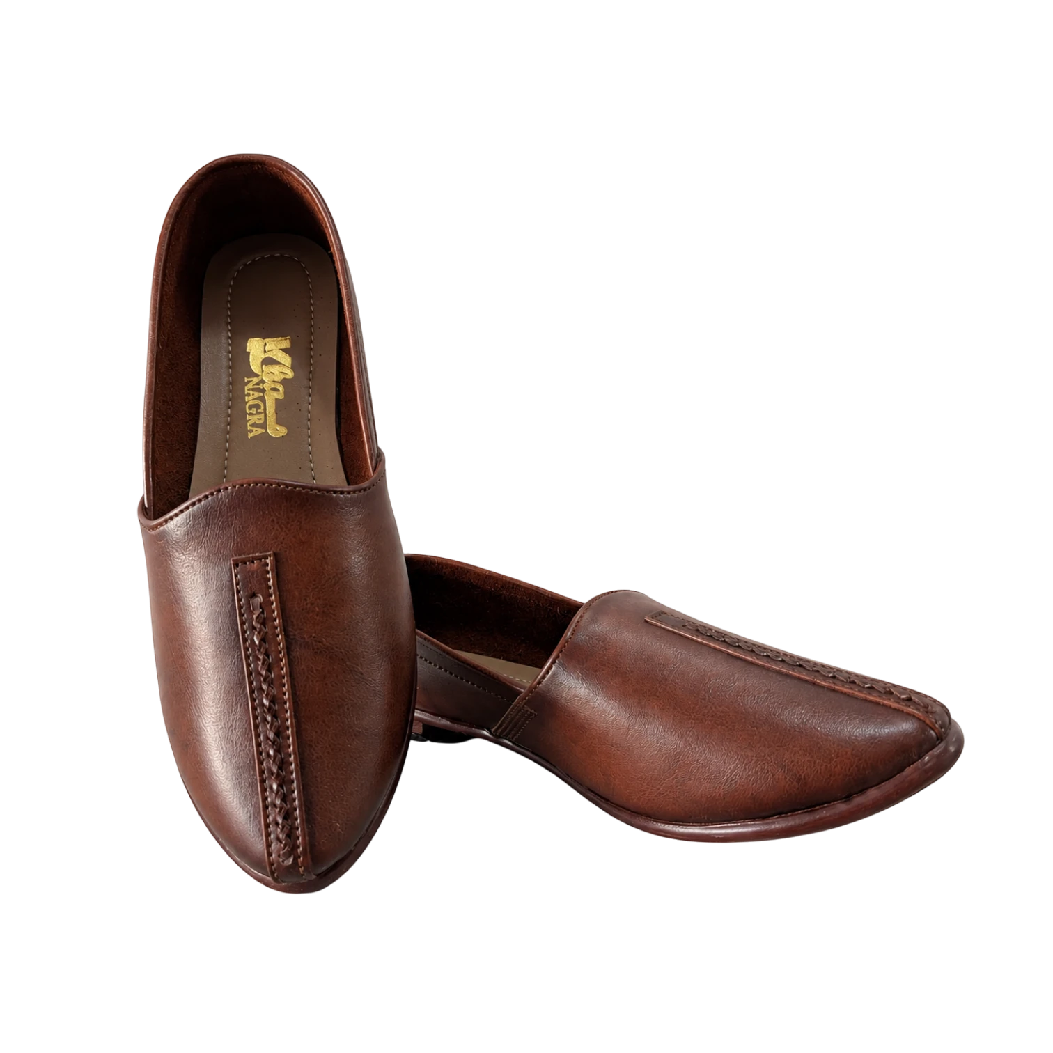 Virsa Footwear cognac brown full-grain leather Nagra slip-on shoes with hand-stitched braided vamp detail.