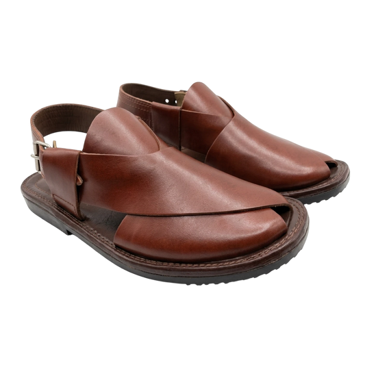 Virsa Footwear handmade walnut brown full-grain leather Peshawari chappal with adjustable buckle strap.