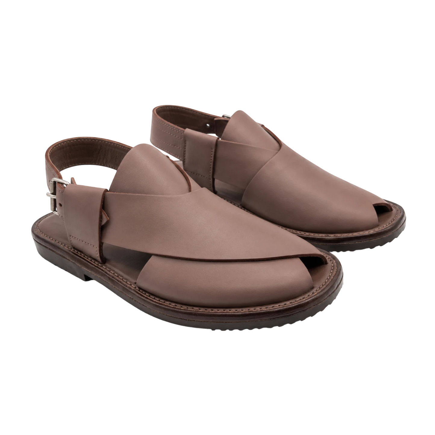 Virsa Footwear handmade rose brown full-grain leather Peshawari chappal with adjustable ankle strap and buckle.