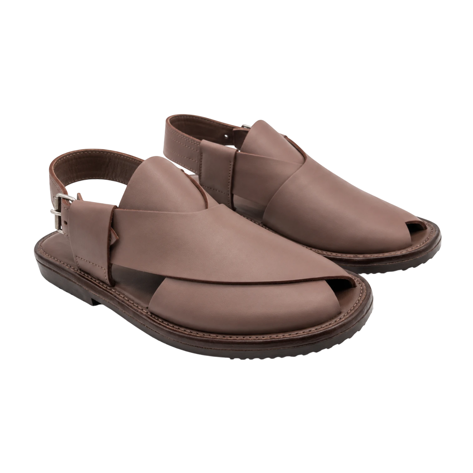 Virsa Footwear handmade rose brown full-grain leather Peshawari chappal with adjustable ankle strap and buckle.