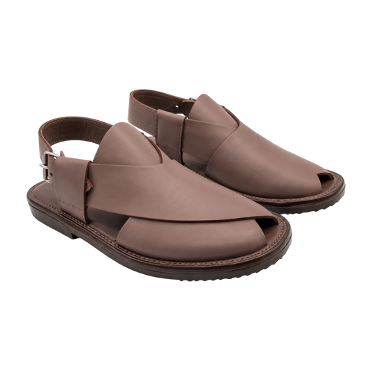 Virsa Footwear handmade rose brown full-grain leather Peshawari chappal with adjustable ankle strap and buckle.