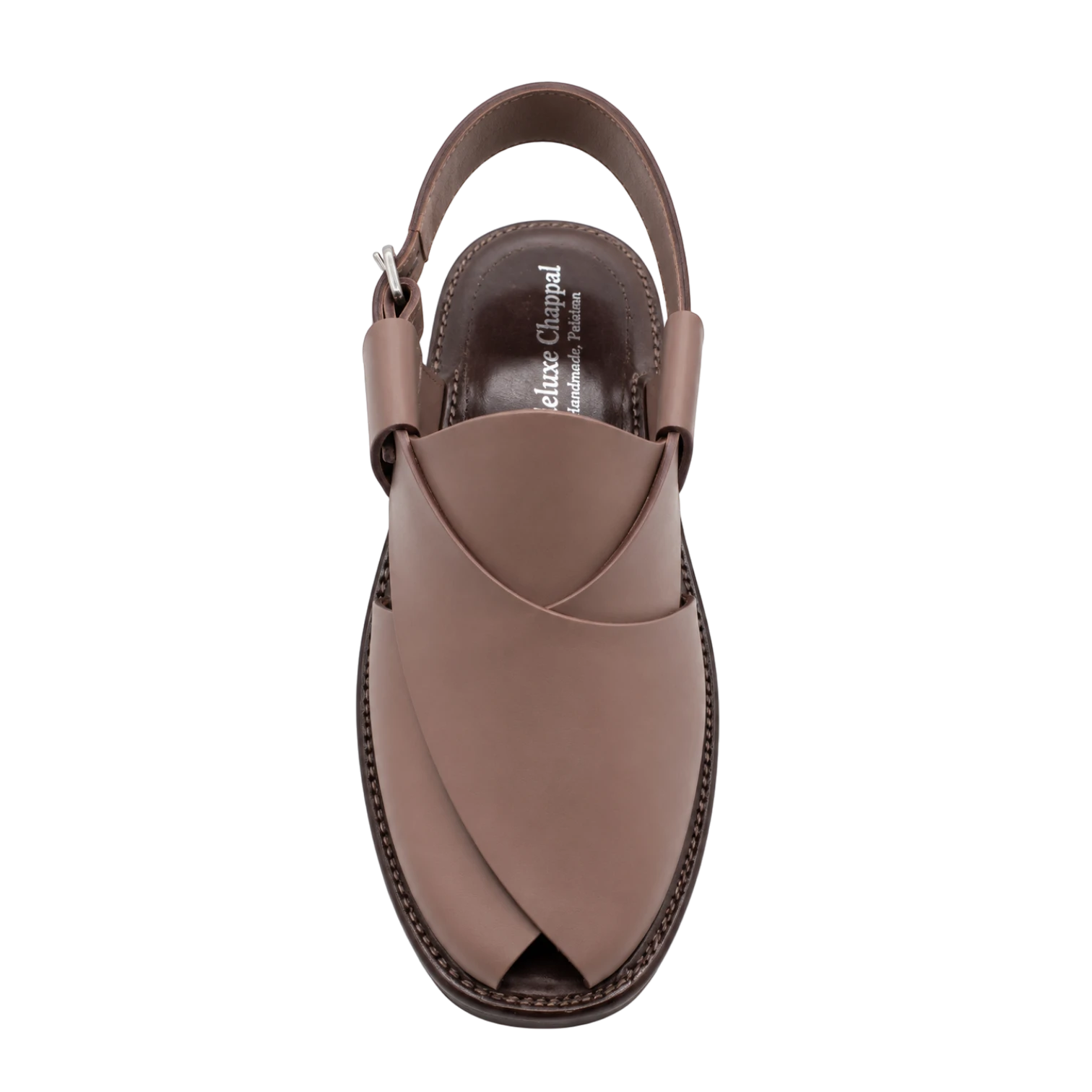 Virsa Footwear handmade rose brown full-grain leather Peshawari chappal with adjustable buckle strap.