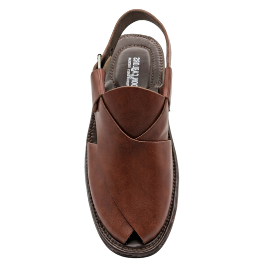 Virsa Footwear handmade walnut brown full-grain leather Peshawari chappal with adjustable ankle strap.